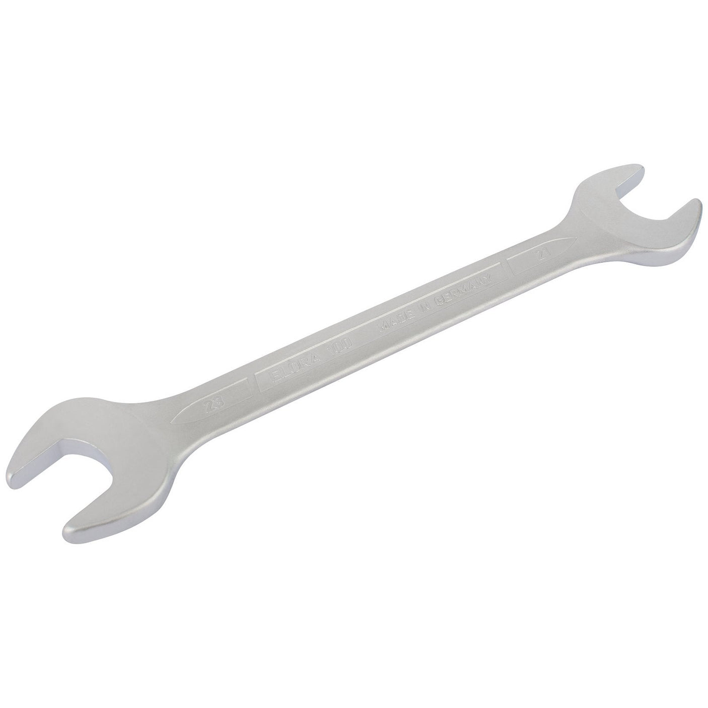 The Draper Elora Long Metric Double Open End Spanner, 21 x 23mm - 100-21x23, features a double-ended design with different sized ends for versatile use. Made from durable chrome vanadium steel and finished in silver, this spanner meets DIN 3110 standards for exceptional quality and corrosion protection.