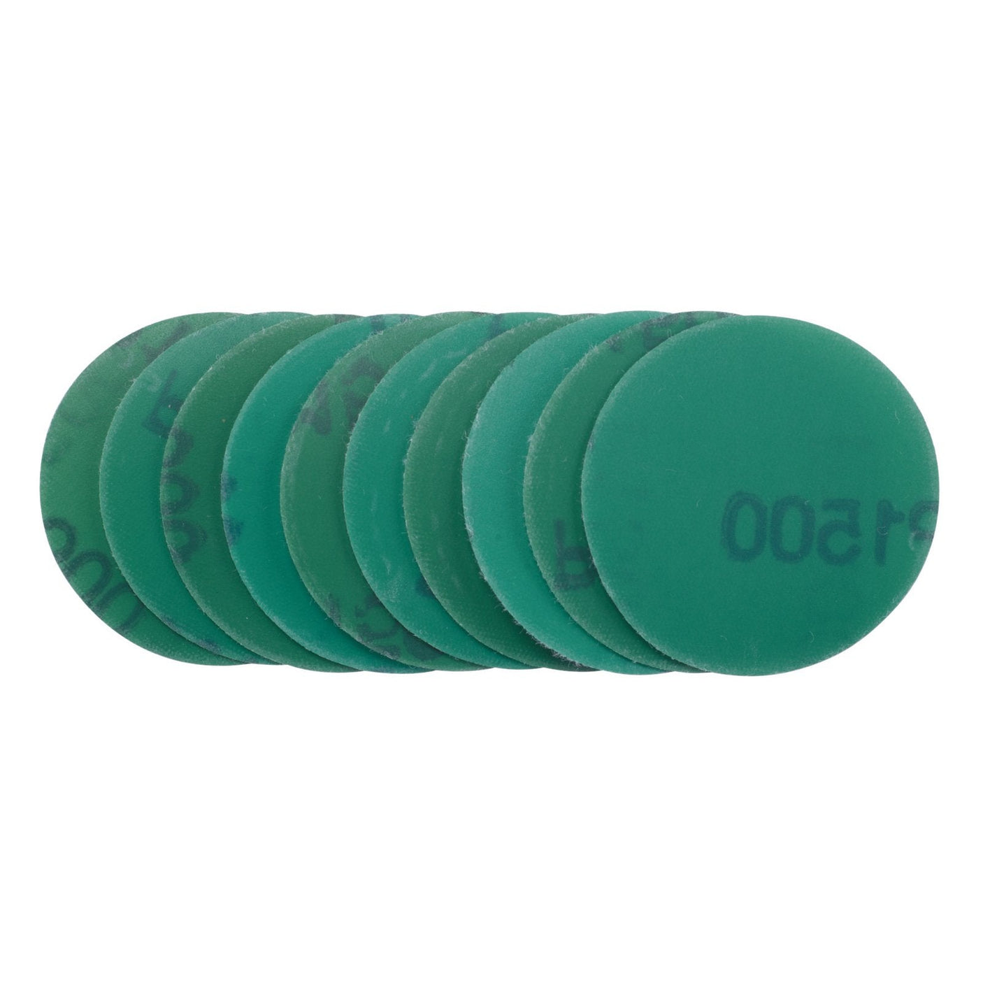 A stack of ten Draper Wet and Dry Sanding Discs, 50mm in diameter with "1500 Grit" printed on them, featuring aluminium oxide for durability.