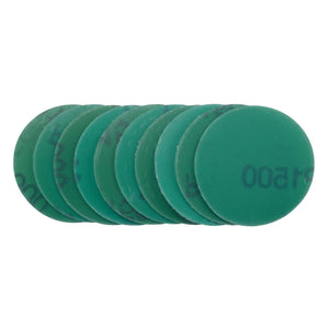 A stack of ten Draper Wet and Dry Sanding Discs, 50mm in diameter with "1500 Grit" printed on them, featuring aluminium oxide for durability.