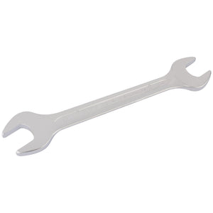 The Draper Elora Long Metric Double Open End Spanner, 24 X 26mm - 100-24x26, features silver, angled heads on both ends and is crafted from durable chrome vanadium steel for superior strength. The handle showcases embossed text indicating the tool’s specifications and meets DIN 3110 standards, promising high-quality performance and excellent corrosion protection.