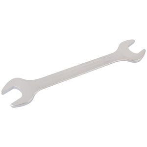 The Draper Elora Long Metric Double Open End Spanner, 25 X 28mm - 100-25x28, is a double-ended open-end wrench made from chrome vanadium steel with a metallic finish. Each end features an open jaw offset at an angle from the handle for optimal use. This tool adheres to DIN 3110 standards, ensuring durability and corrosion protection.