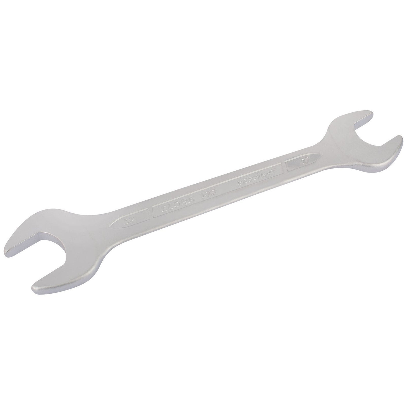 The Draper Elora Long Metric Double Open End Spanner, 27 X 32mm - 100-27x32, crafted from durable chrome vanadium steel and featuring one end measuring 27mm and the other 32mm, is perfect for turning nuts and bolts. Its construction adheres to DIN 3110 standards for enhanced reliability.