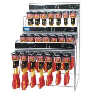 A Draper D960/DS display stand showcasing 48 sets of fully insulated, red and yellow-handled screwdrivers, neatly arranged in rows. These EN 60900 certified, VDE approved Draper screwdrivers ensure maximum safety for electrical work.