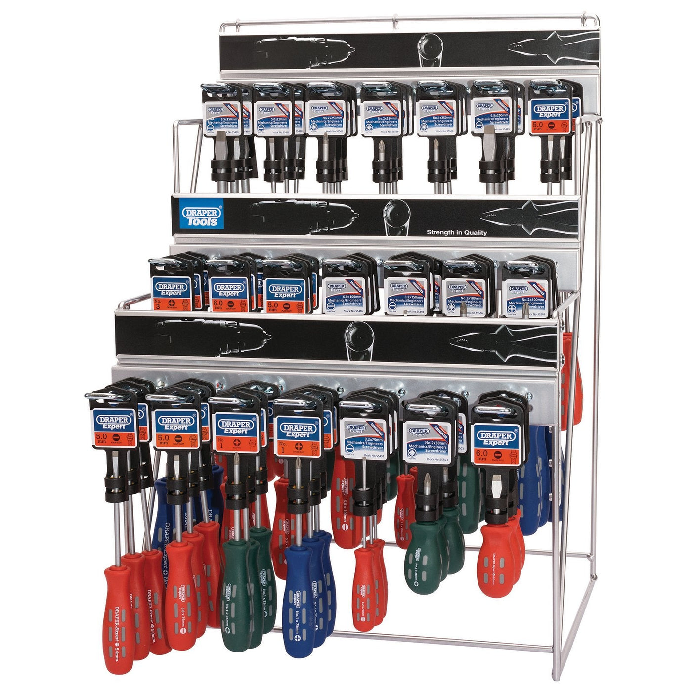 Freestanding Draper acrylic display rack containing multiple Draper Dispenser For 870 Mechanic's/Engineer's Pattern Screwdrivers (*D870/DS) with soft grip polypropylene handles in various sizes and colors, organized neatly across multiple tiers.