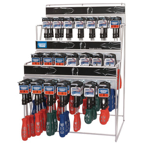 Freestanding Draper acrylic display rack containing multiple Draper Dispenser For 870 Mechanic's/Engineer's Pattern Screwdrivers (*D870/DS) with soft grip polypropylene handles in various sizes and colors, organized neatly across multiple tiers.