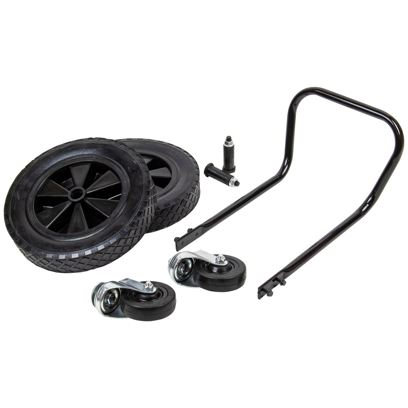 The SIP - 200ltr Compressor Wheel & Handle Kit - SIP-02069 by SIP includes a set of black wheels and casters along with an accompanying metal frame and hardware. This kit features two large tires, two small swiveling casters, and parts of the supporting frame, ideal for making your SIP 200ltr Compressor mobile.