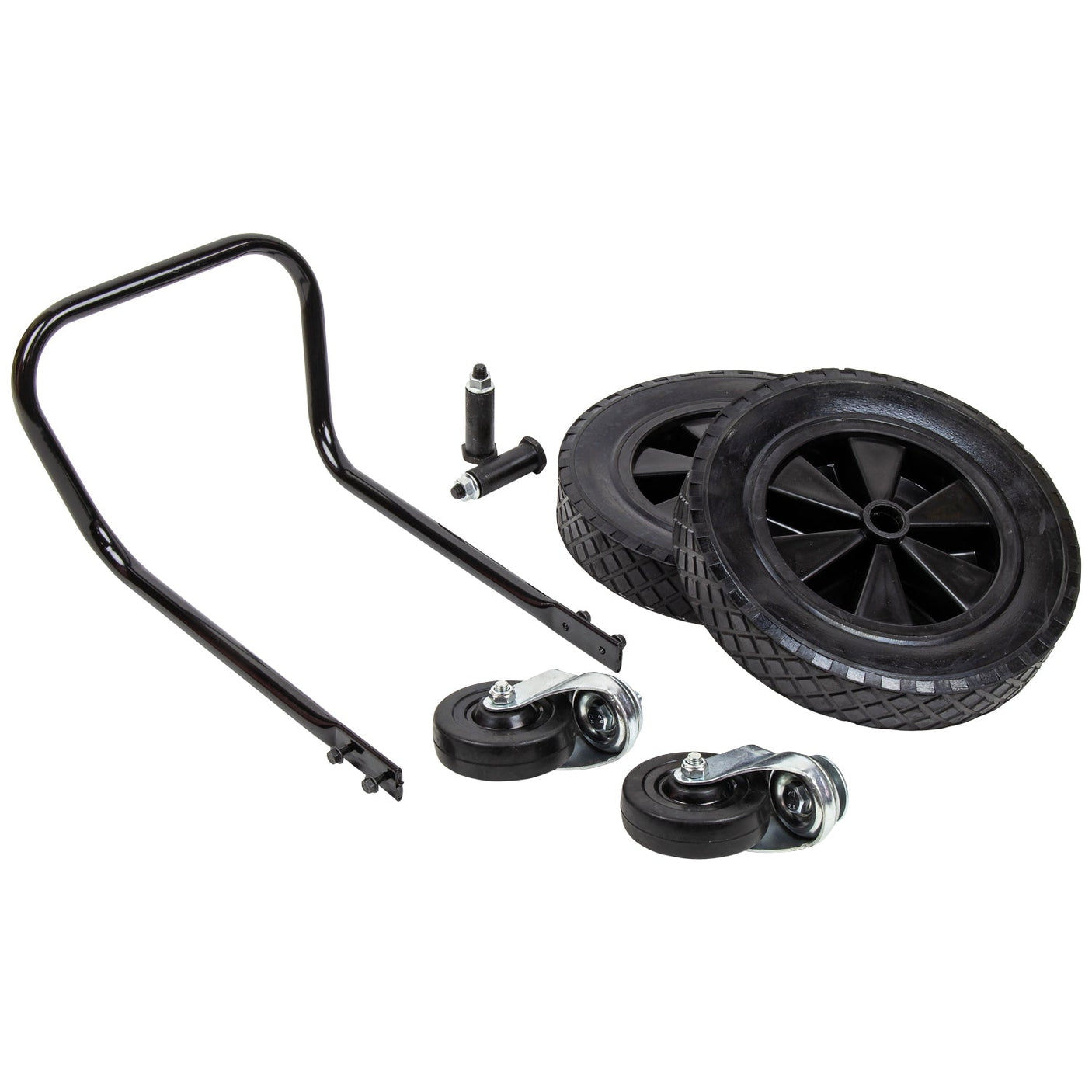 Introducing the SIP - 200ltr Compressor Wheel & Handle Kit (SIP-02069): This kit features a black handle, two large black wheels, a metal pin, and two small caster wheels on brackets, all laid out on a white background. It is the ideal solution for making your SIP 200ltr Compressor mobile.