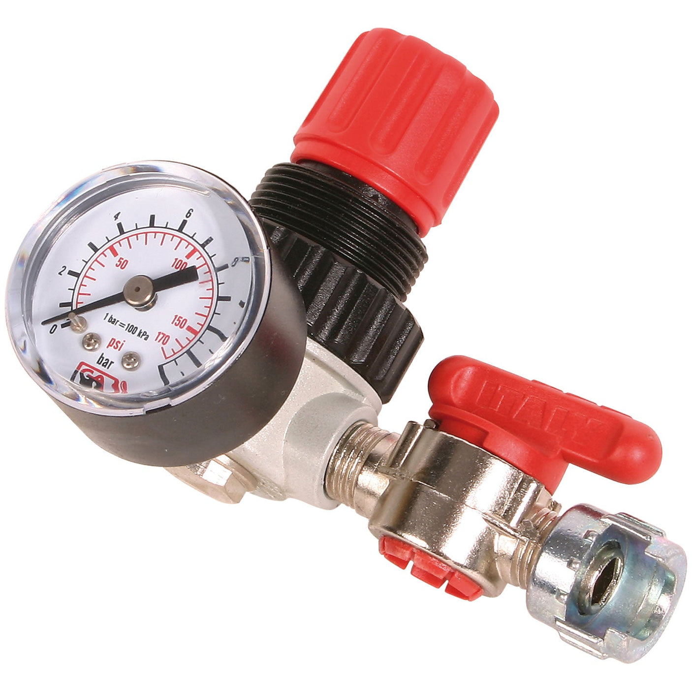 The SIP 1/4" Micro Side Regulator (SIP-02070) is a pressure gauge with a red knob and red handle attached to a silver valve, featuring an easy-to-read gauge that displays measurements in PSI and bar. Perfectly compatible with SIP compressors, it allows for precise control.