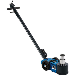 The Draper Pneumatic Jack, also known as the PJ40SC, is depicted with an adjustable ergonomic handle and extended reach. This 40-tonne jack showcases a primarily blue color scheme complemented by black and silver elements. It is built for durability, featuring industrial-quality seals.