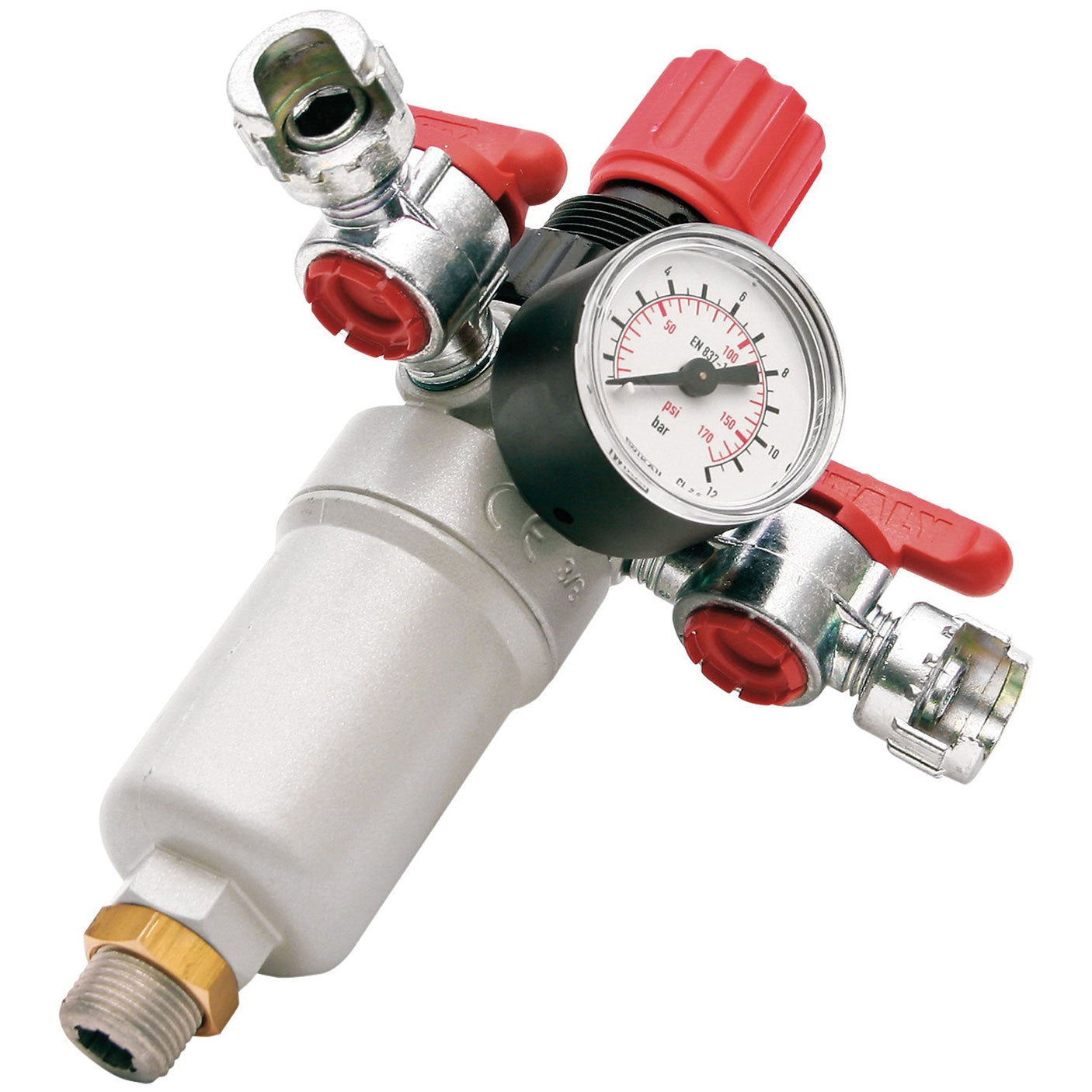 The SIP - 3/8" Midi Lower Regulator - SIP-02080 features ergonomic dials and a gauge displaying measurements in bar and psi. Equipped with red plastic knobs on connecting valves, this regulator is ideal for use with premium SIP compressors.