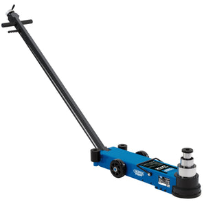 The Draper Pneumatic Long Chassis Low Profile Jack, 40 Tonne - PJ40LC, by Draper is a blue hydraulic floor jack with a long handle and two small wheels for mobility, featuring an extra low profile design ideal for various applications.