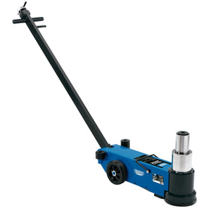 The Draper Pneumatic Jack, 50 Tonne - PJ50 by Draper is a blue hydraulic floor jack equipped with a long black handle and wheels for easy mobility. It is designed for vehicle lifting and features industrial quality seals, boasting an impressive 50 tonnes lifting capacity, making it ideal for heavy-duty use.