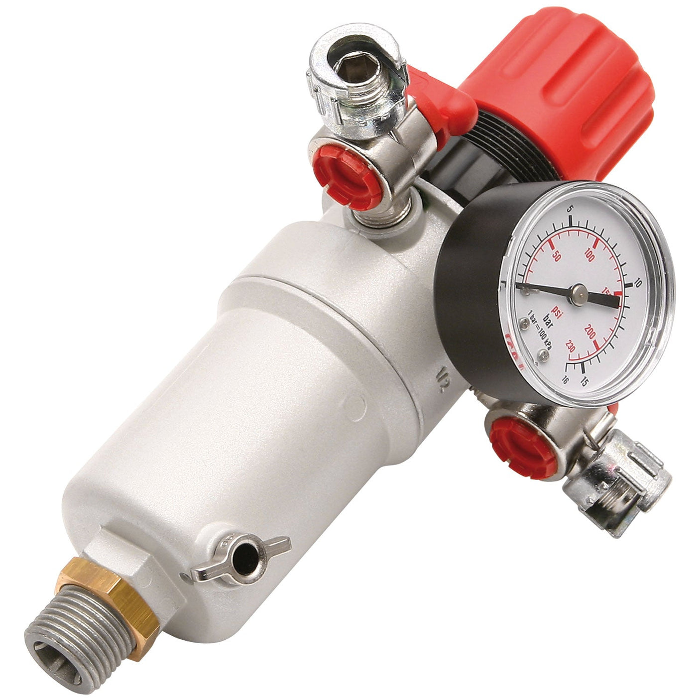 The SIP - 1/2" Maxi12 Lower Regulator (SIP-02085) is a high-quality silver air compressor regulator with a red adjustment knob, pressure gauge, and attached fittings. It's designed for controlling and monitoring air pressure, making it perfect for use with SIP compressors.