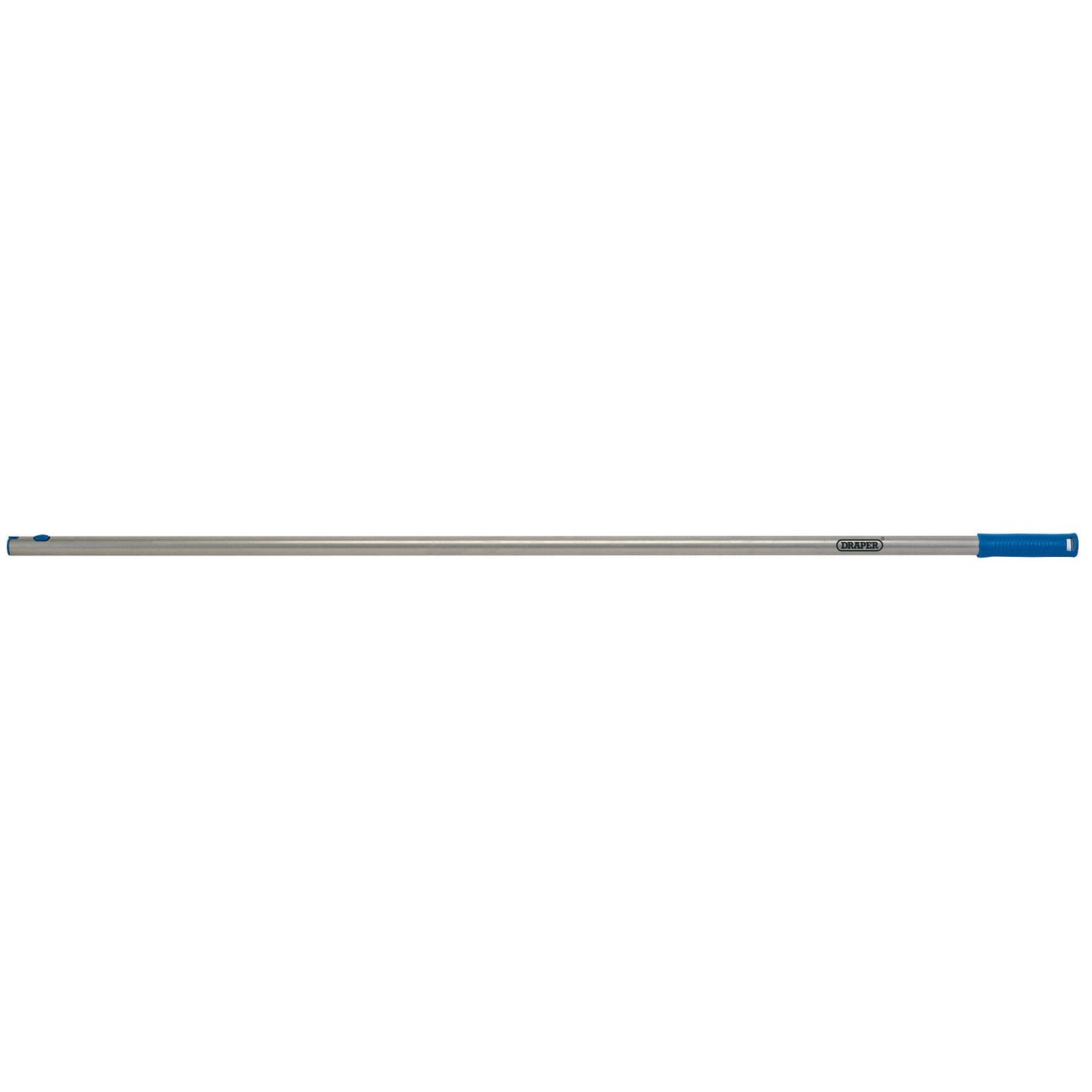 A Draper Broom Or Mop Handle, 1.3M - AMH/A, featuring a silver metal rod with a powder-coated finish and blue caps on both ends.