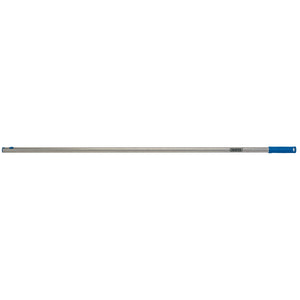 A Draper Broom Or Mop Handle, 1.3M - AMH/A, featuring a silver metal rod with a powder-coated finish and blue caps on both ends.