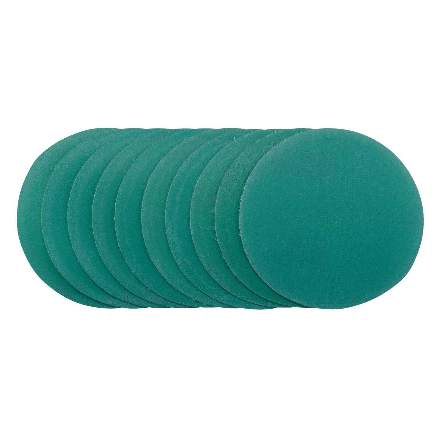 A stack of ten Draper Wet And Dry Sanding Discs With Hook And Loop, 75mm, 320 Grit (Pack Of 10) - SDWOD75 in green, arranged in a partially overlapping pattern. These versatile discs are perfect for automotive paint and body repair and feature a convenient hook and loop backing for easy attachment.