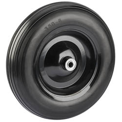 The Draper Rubber Wheel, 360mm - FOR 82755 is a black, round rubber wheel featuring a central metal hub, ideal for use with small carts or equipment.