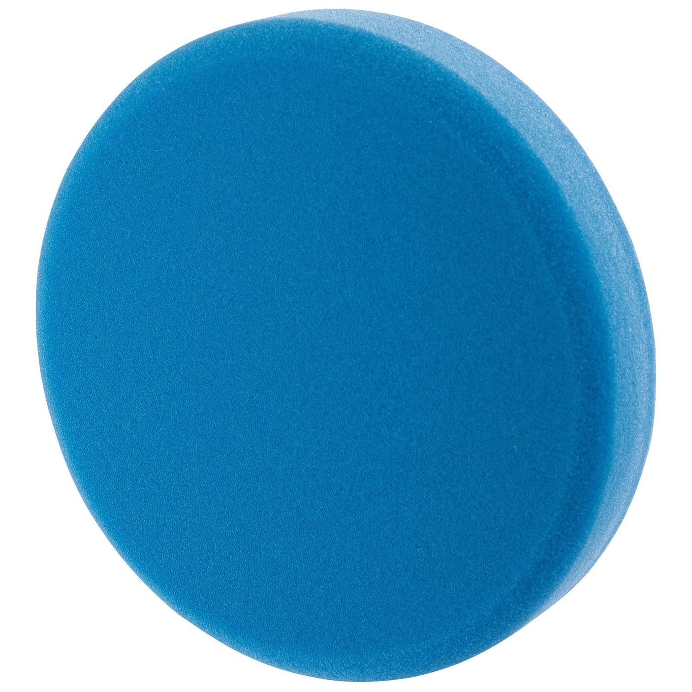 A medium blue foam polishing sponge that is round and features hook and loop backing pads, known as the Draper Polishing Sponge, 125mm - APT125.