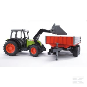 The Claas Nectis 267 F with front loader (U02112) by Bruder is a meticulously designed 1:16 scale toy tractor, featuring a front loader attachment and a red Claas trailer, making it the perfect transport toy for little farmers.