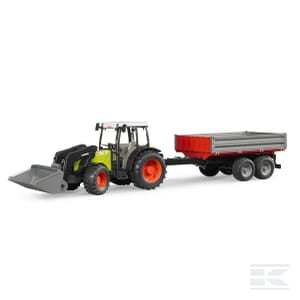 A 1:16 scale green and black Claas Nectis 267 F tractor with an attached front loader by Bruder is pulling a red and gray two-axle Claas trailer.