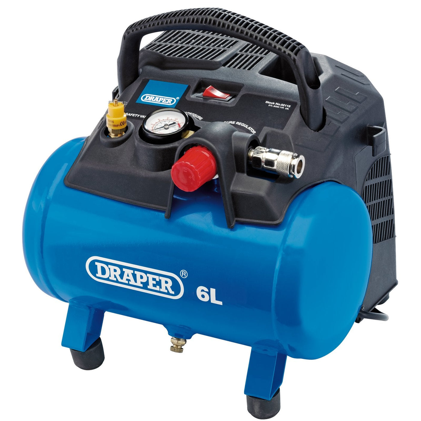 A blue and black Draper 6L Oil-Free Air Compressor, 1.2Kw/1.5Hp - DA6/180, featuring a pressure gauge, switch, and connections for enhanced power and portability, placed on a white background.