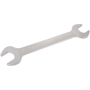 The Draper Elora Long Metric Double Open End Spanner, 41 x 46mm - 100-41x46, crafted from durable chrome vanadium steel, features one end slightly larger than the other, perfect for tightening or loosening nuts and bolts. Engineered to meet DIN 3110 standards, it also includes corrosion protection for extended use.