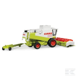 A Bruder Claas Lexion 480 combine harvester on a white background, featuring green and white colors with red wheels and elements, exemplifying modern agricultural equipment.