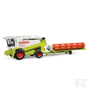 A 1:25 scale model of the Claas Lexion 480 combine, by Bruder, with a large red and yellow header attached, showcases detailed design elements and authentic CLAAS branding—perfect for any agriculture enthusiast.