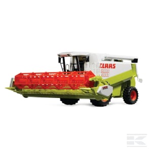 A detailed model of the Claas Lexion 480 combine harvester by Bruder, designed at a 1:25 scale, featuring a green and red color scheme for efficient agricultural use.