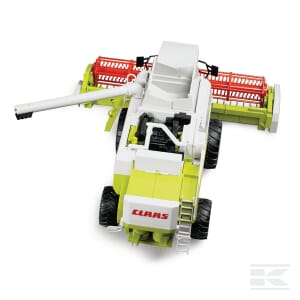 The Claas Lexion 480 Combine 1:25 by Bruder is a model of a CLAAS agriculture vehicle that features a front attachment. This combine harvester is predominantly white and green with a red component at the front.