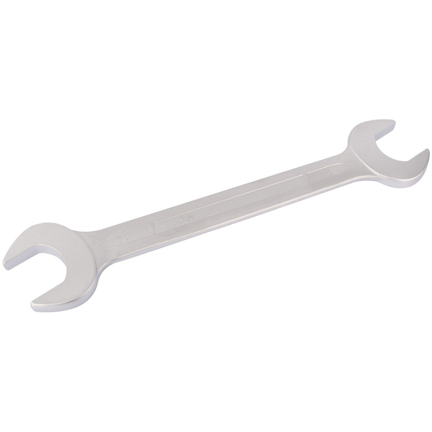 The Draper Elora Long Metric Double Open End Spanner, 46 X 50mm - 100-46x50 features two flat crescent-shaped jaws, one on each end. Crafted by Draper from polished chrome vanadium steel, this tool ensures enhanced durability and corrosion protection.