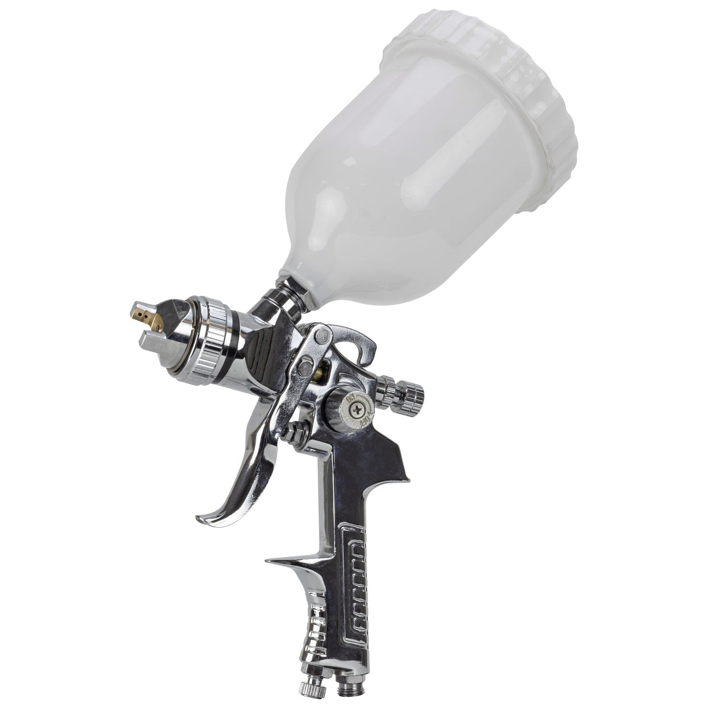 The SIP - 14mm Professional Cobalt Spray Gun - SIP-02131 by SIP is a professional-grade, gravity-fed spray gun with a silver body and a white plastic reservoir mounted on top. It is designed for evenly applying paint or other liquids and features adjustable fluid output to ensure precise paint control.