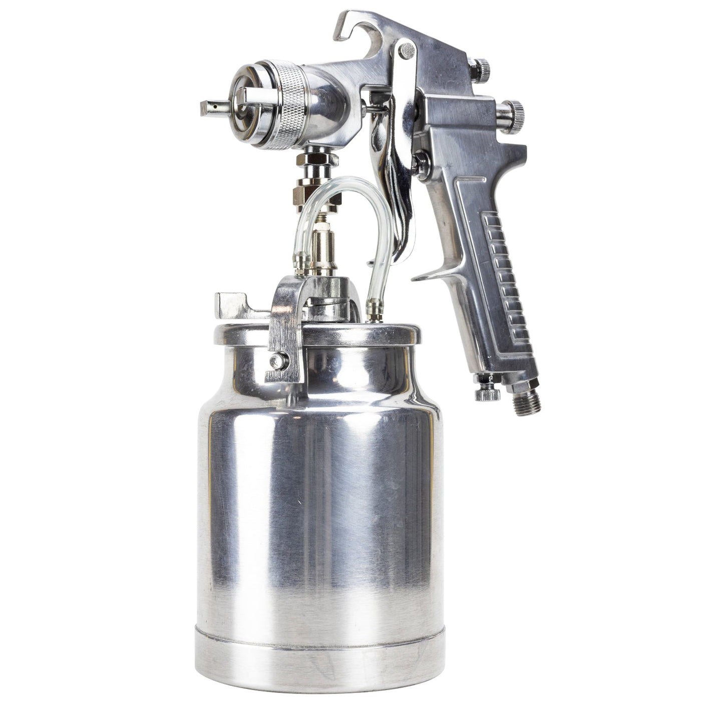 A close-up of the SIP - 2mm Diamond Gravity Spray Gun (SIP-02132) by SIP showcases its adjustable fluid output and locking paint cup, perfect for applying paint or coatings with precision.