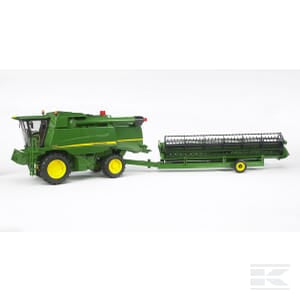 A green and yellow John Deere Combine Harvester T670i - U02132 by Bruder, with an attached grain header, sits against a pristine white background, epitomizing efficiency in agriculture.