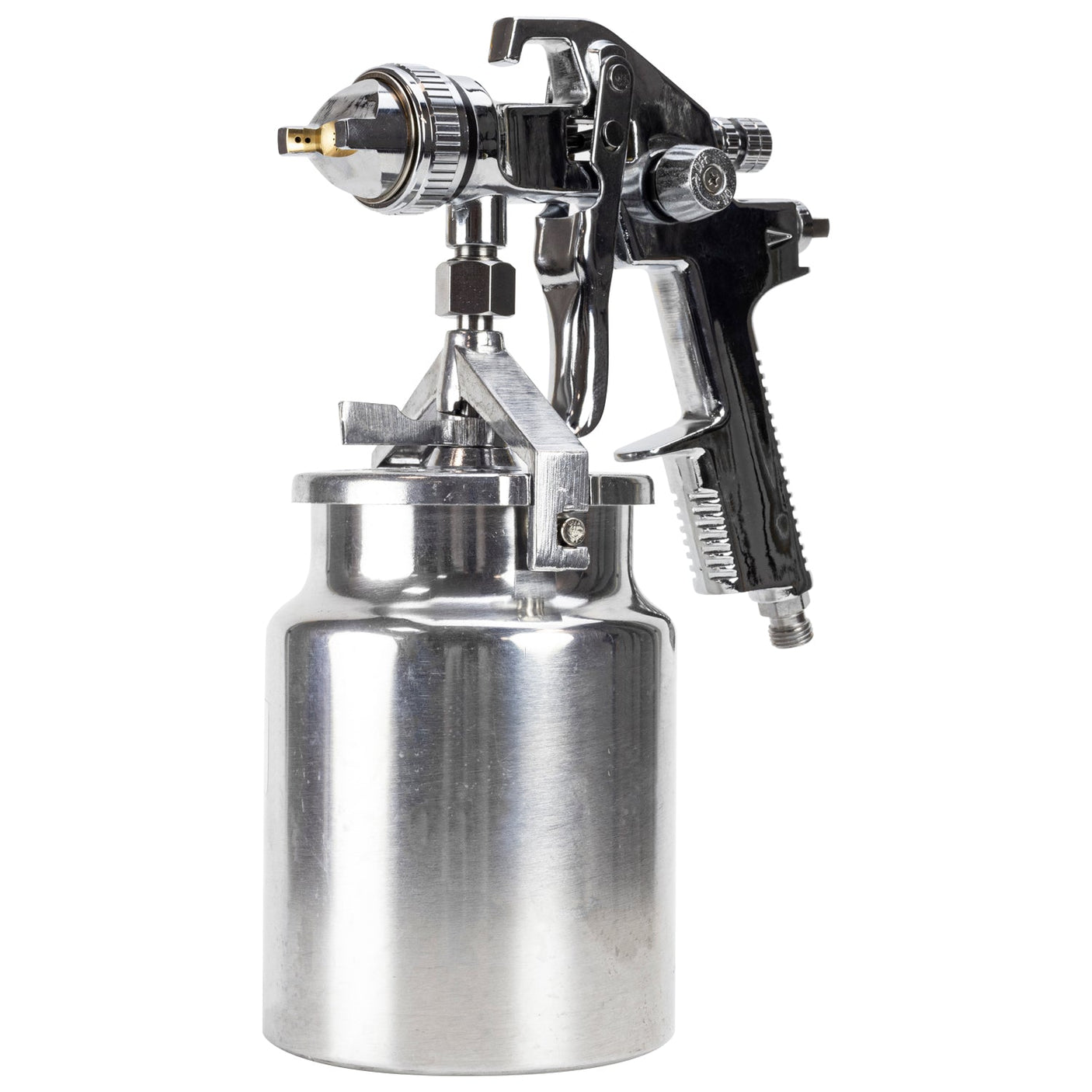 The SIP - 18mm Mirage HVLP Spray Gun - SIP-02136 by SIP is a silver, professional-grade HVLP spray gun featuring an adjustable fluid output and a bottom-mounted canister, commonly used for industrial and automotive painting applications.