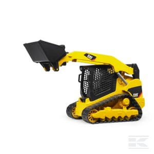 A yellow and black CAT Delta-Loader (Model U02136) by Bruder with a raised bucket, perfect for any construction vehicle model collection at Scale 1:16.