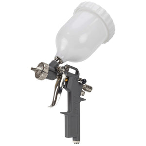 The SIP - 15mm Trade Cobalt Gravity Spray Gun (SIP-02137) by SIP comes in a sleek gray and black design, featuring a white plastic paint container mounted above the nozzle. It offers adjustable fluid output to ensure precise paint control.