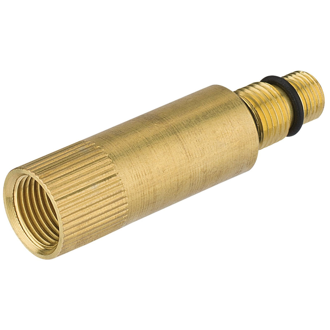 The Draper Short Reach Adaptor, 65mm - SRA is a brass adaptor with a cylindrical shape, featuring screw threads on both ends and a black O-ring near one end. This adaptor is ideal for use in petrol compression testers or with threaded spark plugs.