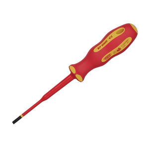 A Draper Xp1000® VDE Slimline Plain Slot Screwdriver, 4.0 x 100mm - 965SLIM, featuring a red and yellow handle, perfect for working on live circuits.