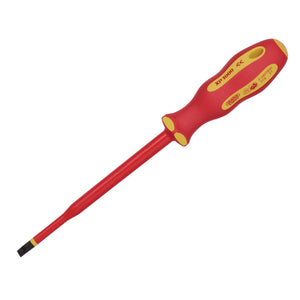 A Draper Xp1000® Vde Slimline Plain Slot Screwdriver, 6.5 X 150mm - 965SLIM, featuring a red and yellow insulated sheath, an ergonomic handle, and a precision-machined black tip.