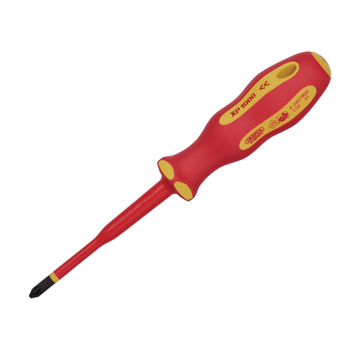 A red and yellow Draper Xp1000® VDE Slimline PZ Type Screwdriver, No.2 x 100mm - 965SLIMPZ, featuring dual-layer insulation and a black tip. Designed for electrical work, it includes an ergonomic handle and a voltage rating indicated on the side.