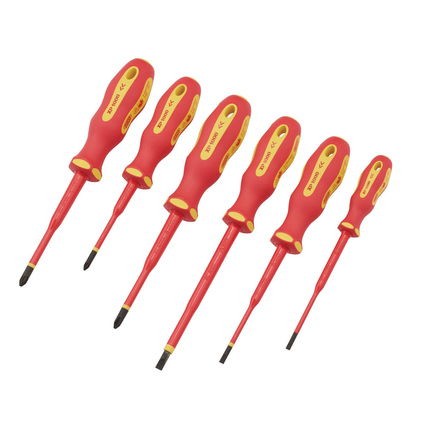 The Draper Xp1000® Vde Slimline Screwdriver Set (6 Piece) - 965SLIM/6 features six screwdrivers with insulated sheaths and red and yellow handles, including three flathead and three Phillips-head screwdrivers, arranged in descending order of size from left to right, making it ideal for working safely on live circuits.