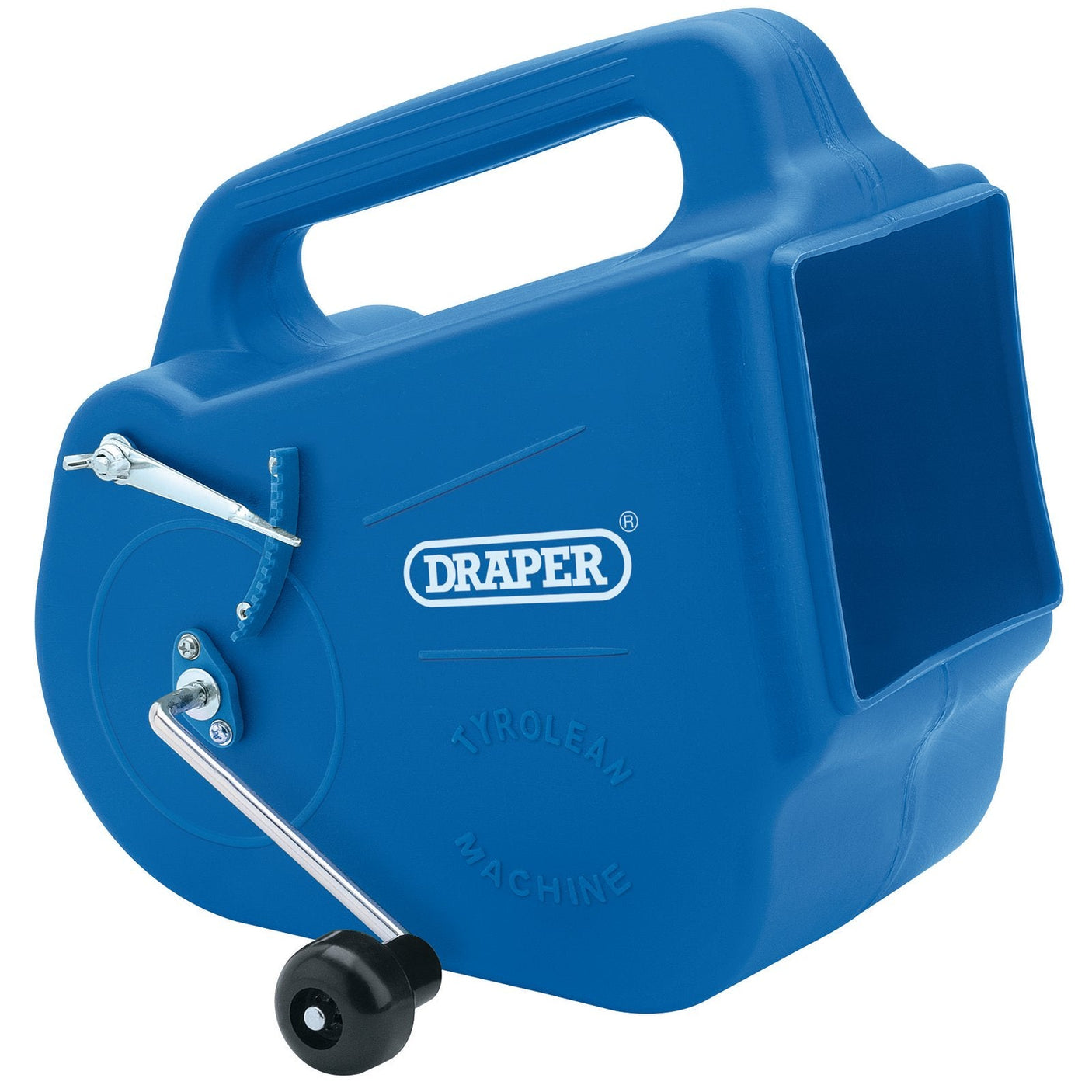 A Draper Tyrolean Flicker Machine - PTF, with a handle and crank for the application of Tyrolean wall coating, in blue.