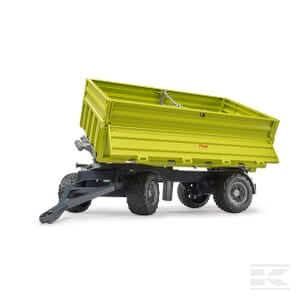 A lime green Farming Parts Fliegl tipping trailer - U02203, a two-axle farm trailer equipped with a tilting cargo bed for easy material carrying and unloading, is shown in the image—a perfect tool for agricultural needs.