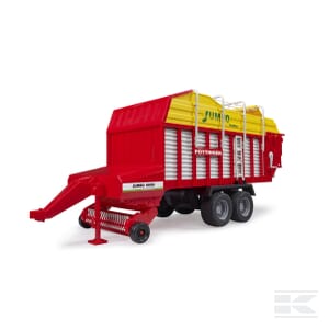 A red and yellow agricultural trailer with a ladder on the side, labeled "Pöttinger Jumbo 6600," designed for loading and transporting forage, from the Bruder line (Product Code: U02214).