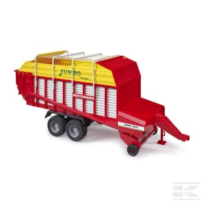 The Pöttinger Jumbo 6600 trailer (U02214) by Bruder is a red and yellow forage trailer with two axles, featuring intricate details ideal for agricultural use and perfect for loading operations in farming.