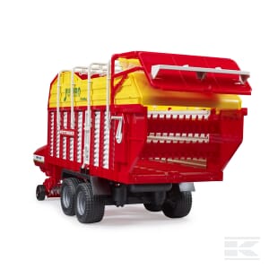 A red and yellow Pöttinger Jumbo 6600 trailer (U02214) by Bruder, featuring multiple wheels, is on display.