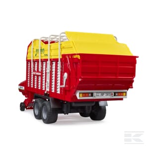 A Pöttinger Jumbo 6600 trailer - U02214 from the brand Bruder, featuring a red and yellow design, four wheels, a covered top, and various attachments, stands isolated on a white background.