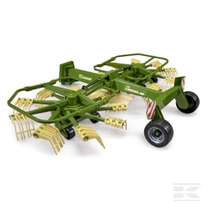 The Bruder Whirl rake - U02216 is a green agricultural machine featuring multiple tines and two large wheels, ideal for efficiently collecting and arranging cut grass or hay.