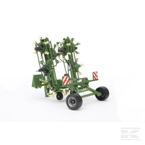 The Bruder Krone Rotary Rake KWT 8.82 - U02224, with its multiple tines and wheels, is perfect for tilling and soil preparation. This versatile piece of agricultural machinery also features a folding mechanism and reflective safety markers, boosting both functionality and safety in farming activities.